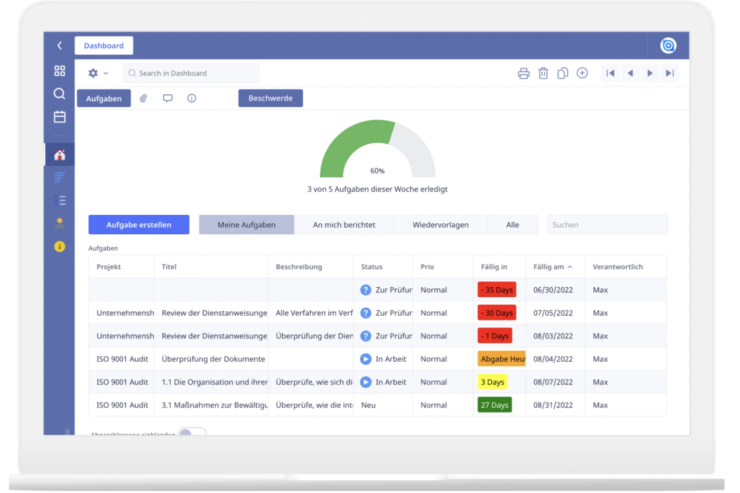 Ninox dashboard de tareas y proyectos — vista de gestión con indicadores de estado en tiempo real