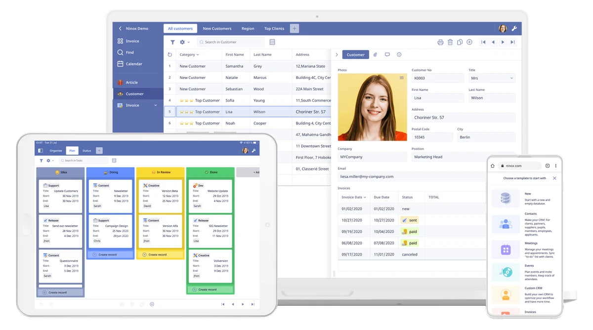 Ninox en múltiples dispositivos — desktop CRM, tablet kanban y app móvil sincronizados
