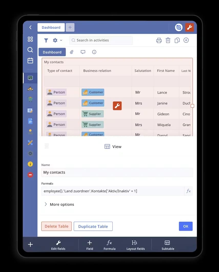 Ninox en tablet — base de datos de contactos y CRM con etiquetas de cliente y proveedor