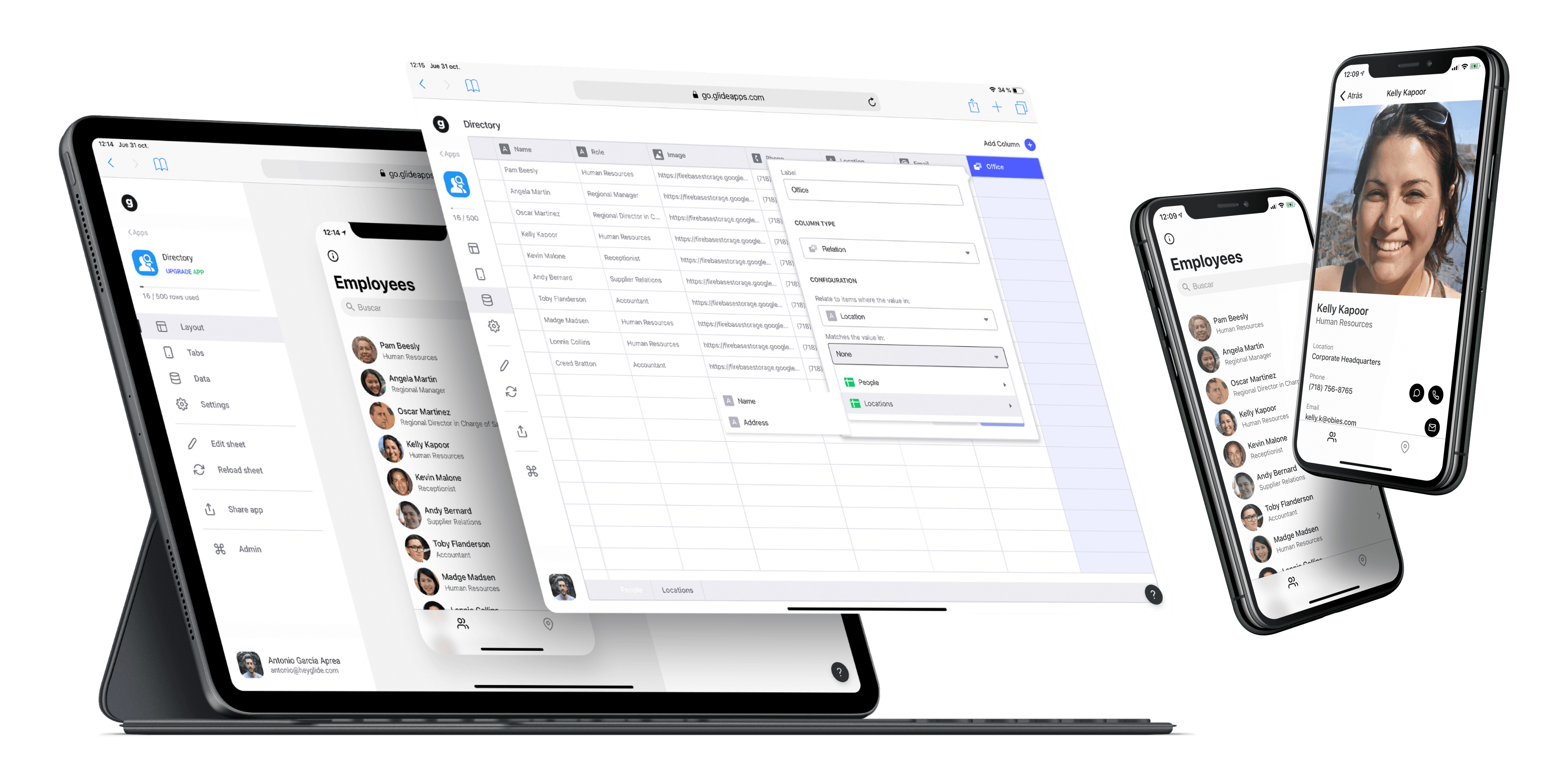 Una misma app Glide en tablet, iPad mini y móvil — directorio de empleados sincronizado en todos los dispositivos