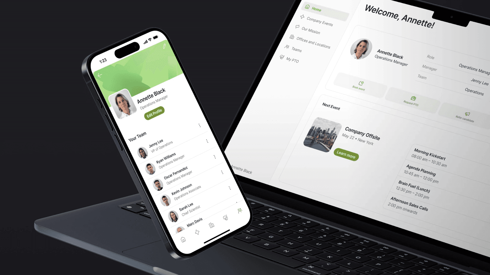 Portal de empleado Glide — bienvenida personalizada, equipo y solicitud de vacaciones