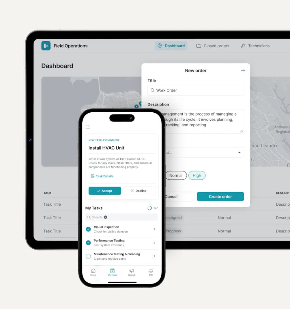 Dashboard de operaciones Glide en escritorio junto a la app móvil de tareas de campo