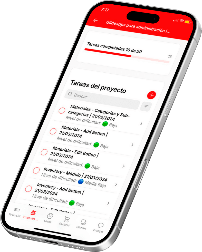 App Glide en español — gestión de proyectos, inventario, leads, facturas y clientes desde el móvil