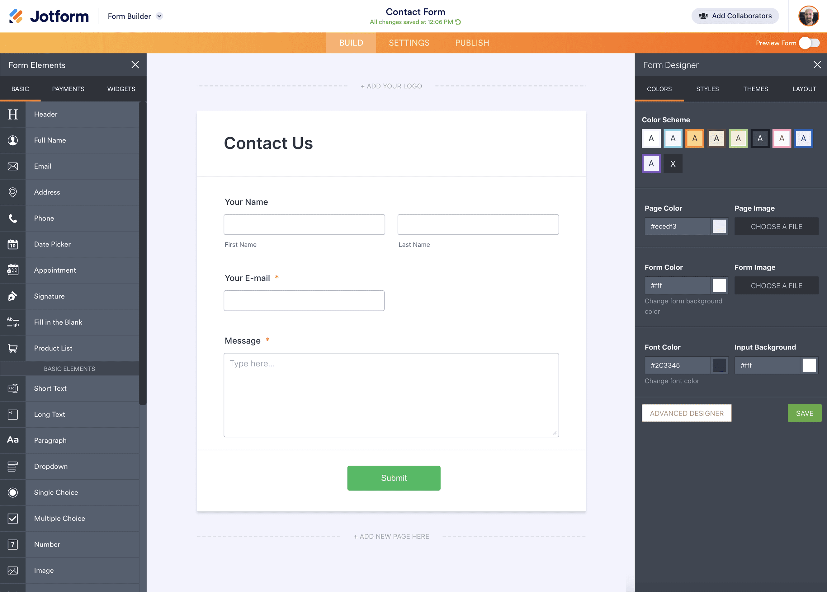 Interfaz del constructor de formularios Jotform, con panel de elementos y vista previa en tiempo real
